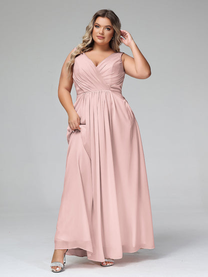 V-neck Chiffon Long Dresses with Pocktes-Dusty Rose