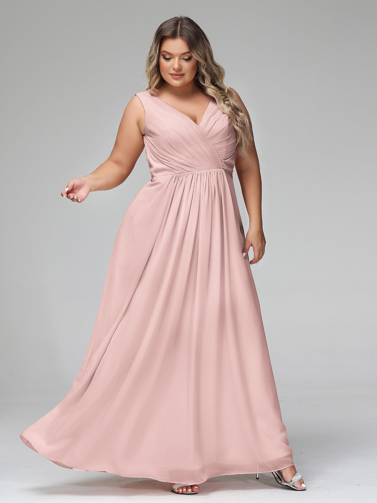V-neck Chiffon Long Dresses with Pocktes-Dusty Rose