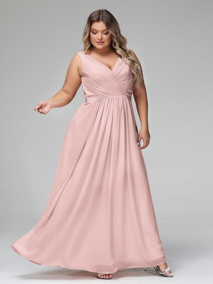 V-neck Chiffon Long Dresses with Pocktes-Dusty Rose
