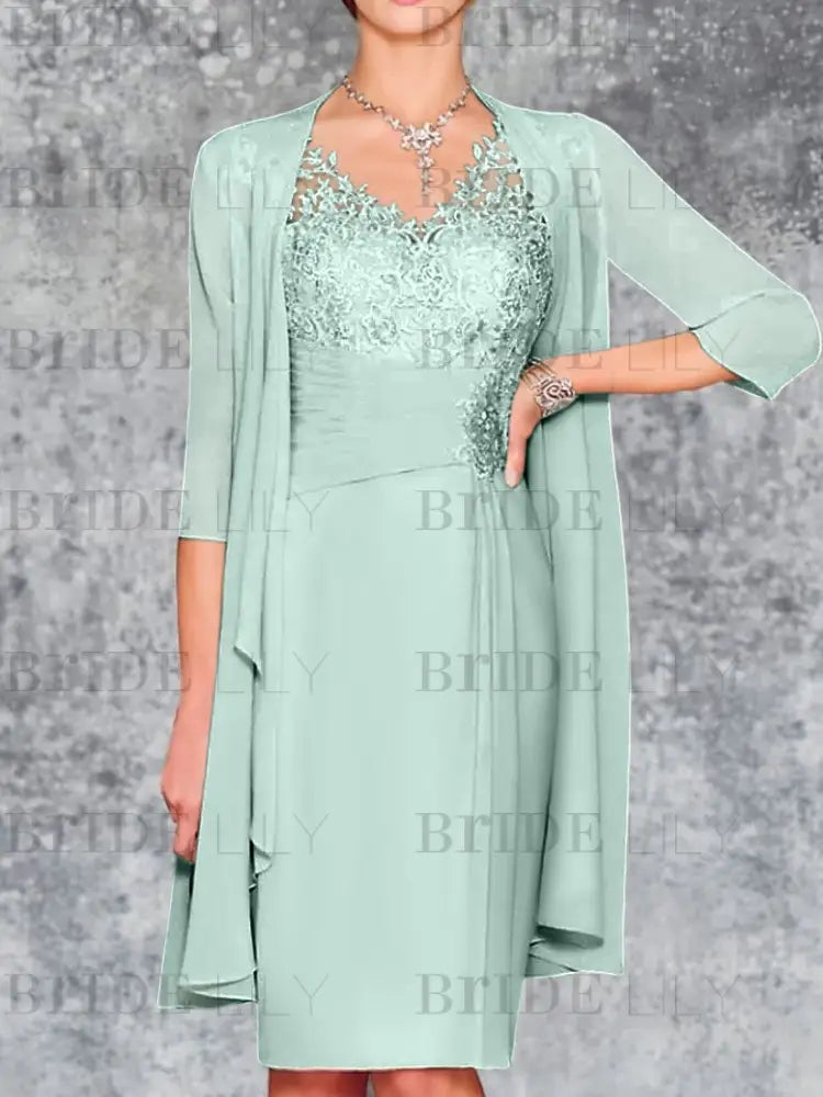 Two Piece Ruffle Chiffon Mother of the Bride Outfit Lace Short Wedding Guest Dress