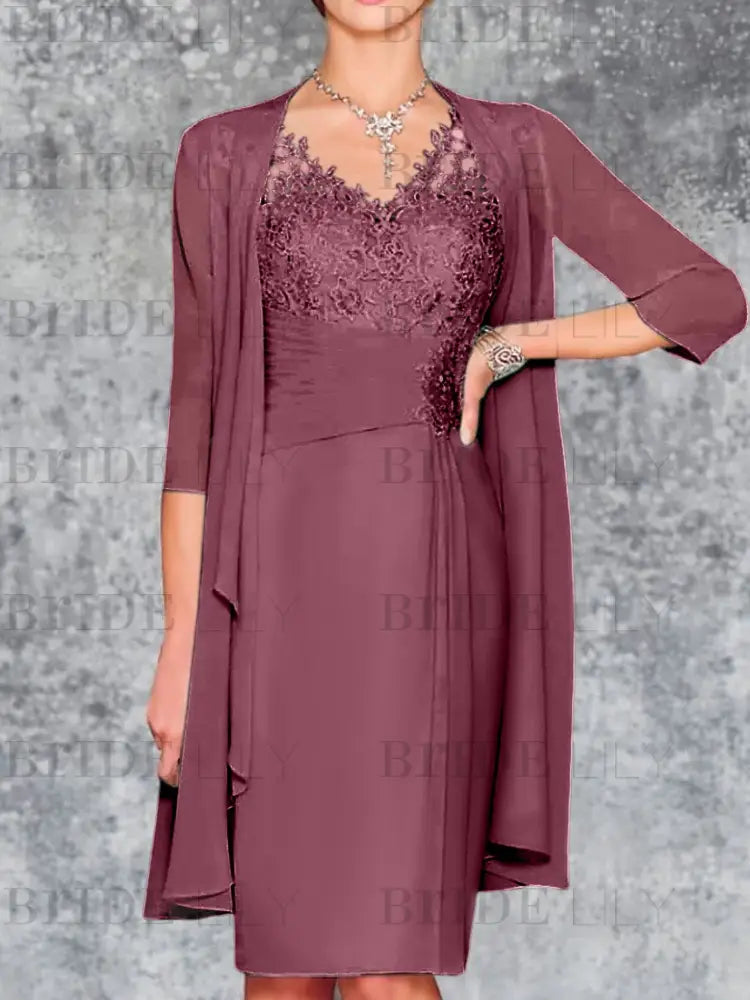Two Piece Ruffle Chiffon Mother of the Bride Outfit Lace Short Wedding Guest Dress