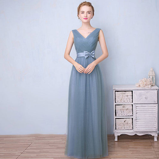 Double V Cut Pleated Bow Tie Bridesmaid Dress - RongMoon