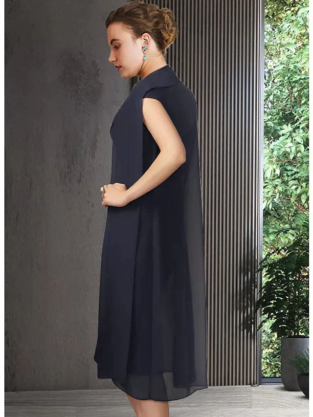 Mother of the Bride Dress Elegant V Neck Knee Length Chiffon Short Sleeve with Sash Ribbon