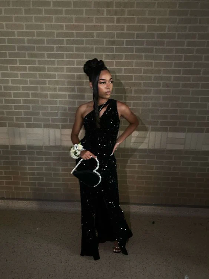 One Shoulder Black Sequins Evening Dress Formal Prom Dress cc2290