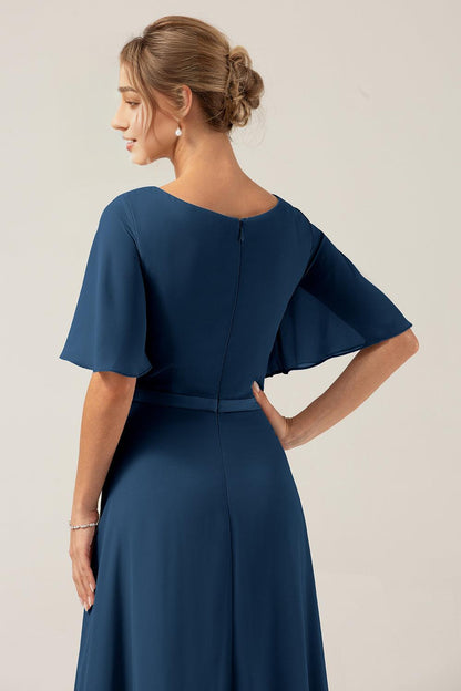A Line V Neck Chiffon Mother of the Bride Dresses With Short Sleeves