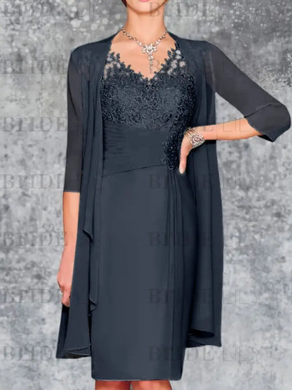 Two Piece Ruffle Chiffon Mother of the Bride Outfit Lace Short Wedding Guest Dress