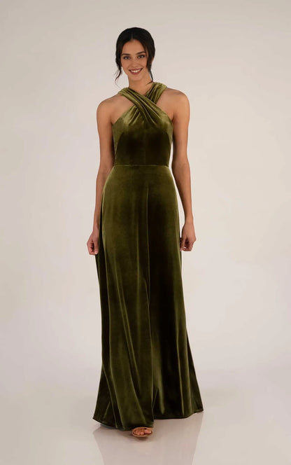 Weitese Prom Shop Dresses Simple High Halter Neckline Sleeveless Bridesmaid Dress in Velvet Formal Women's Dresses