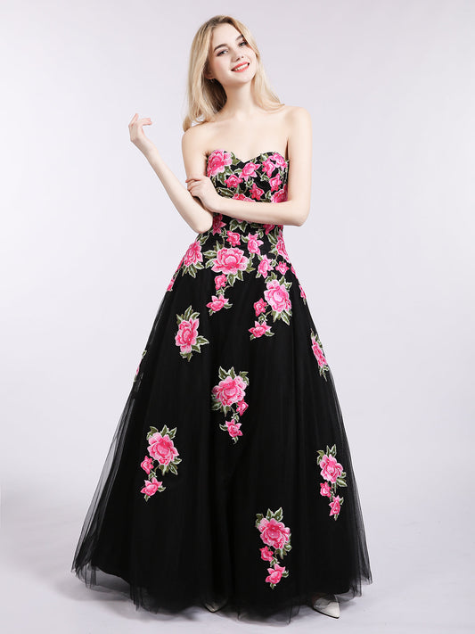 Strapless Floral Tulle Formal Dress-Black