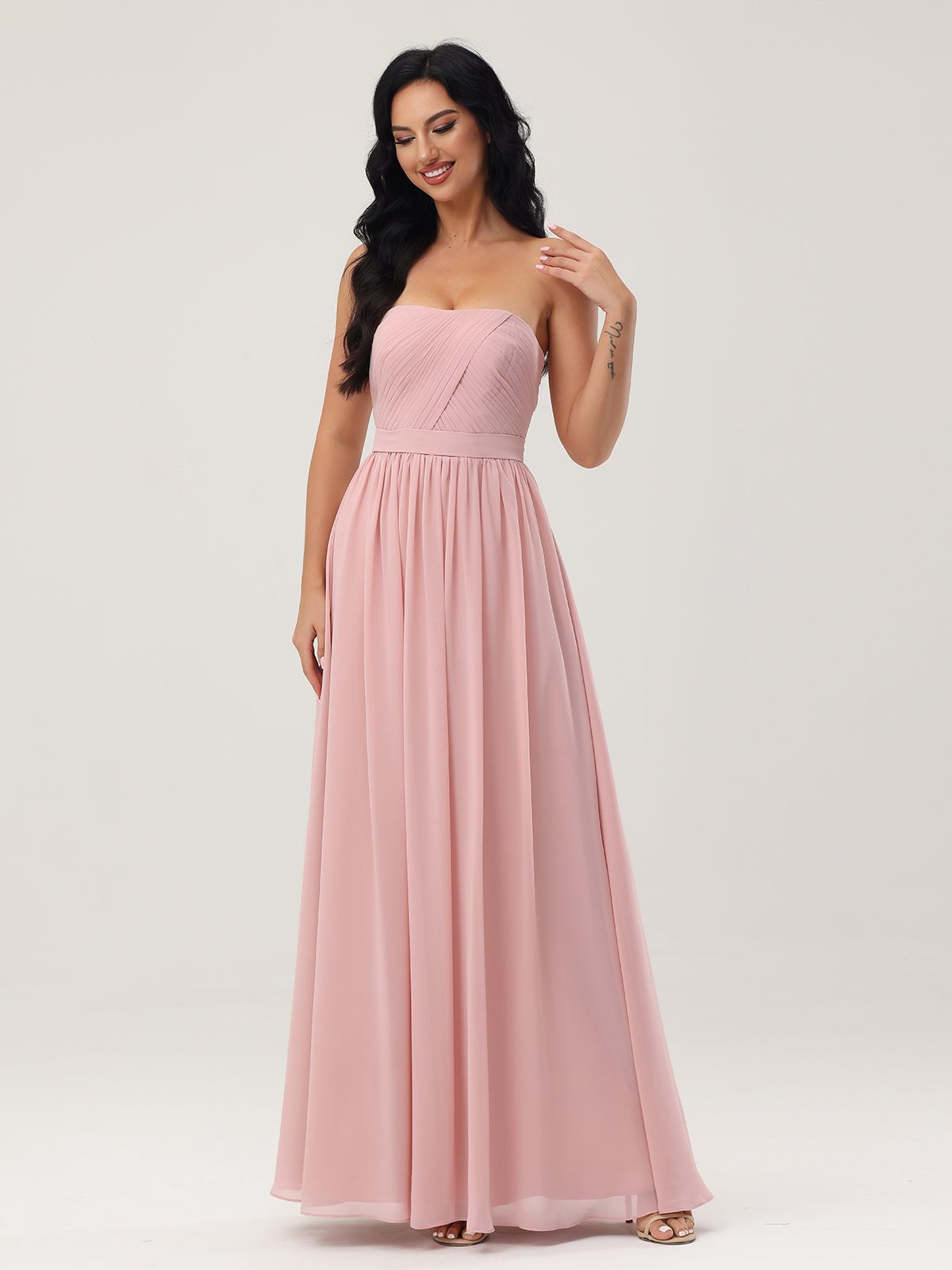 Strapless Long Chiffon Bridesmaid Dresses-Dusty Rose
