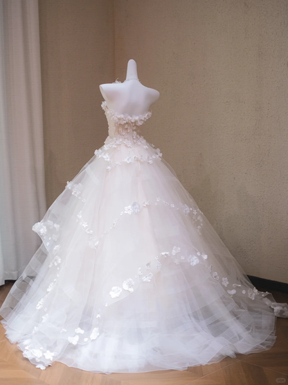 Sweet Strapless White Tulle Appliques Long Wedding Dress Bridal Dress cc3464