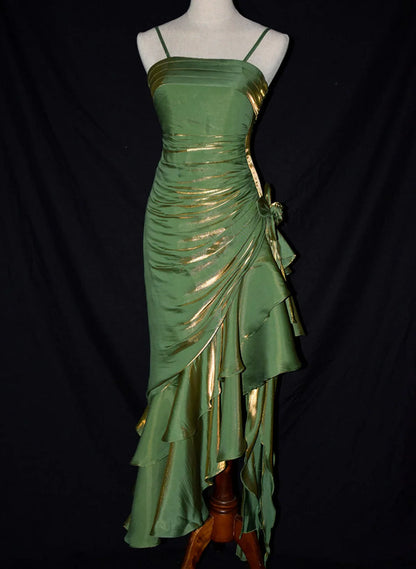 Blue shiny stylish elegant spaghetti straps long satin ball gown evening dress party dress gh3489