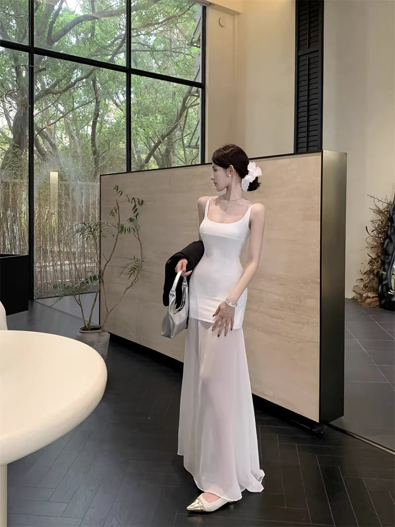 French-style white mesh slip dress, new spring style, elegant and sophisticated, petite and fitted long dress.  11454