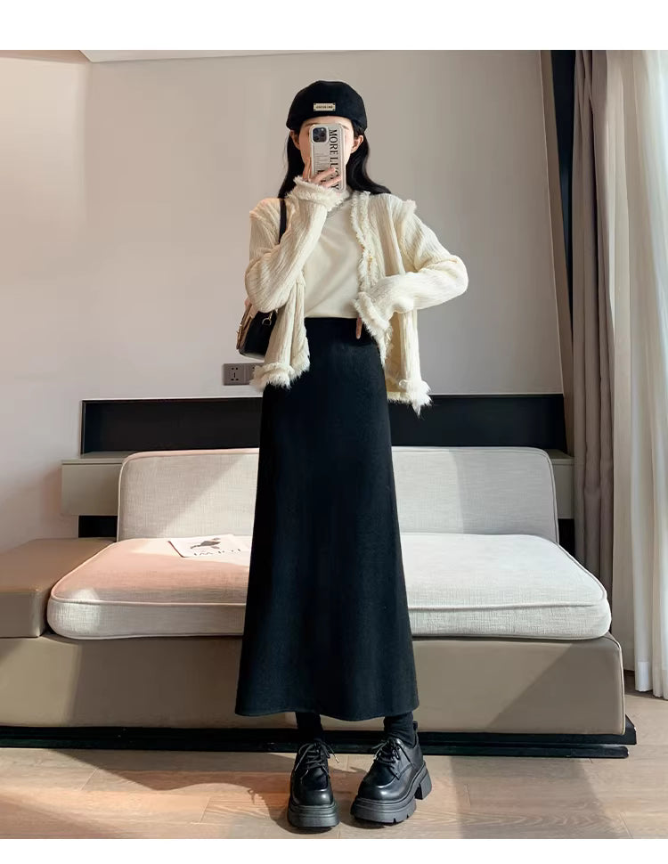 White fleece-lined, thickened faux cashmere knit midi skirt for women, winter bodycon straight A-line long skirt  11293