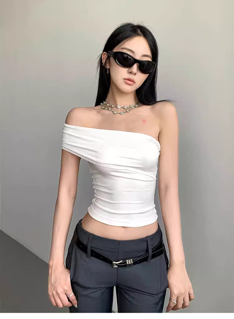 Off-the-shoulder top for women, perfect for autumn, strapless, backless, pleated, and worn as an inner layer; sexy camisole/short tank top. 11469