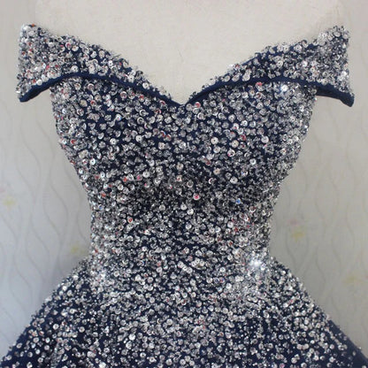 Blue Sparkle Off Shoulder Ball Party Dress Handmade Beaded Party Dress Elegant Prom Dress Evening Dress