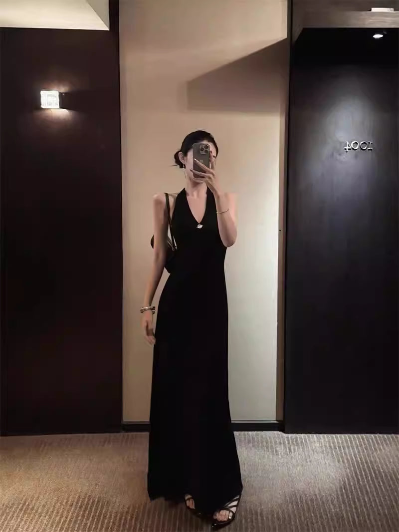 Contrasting Style Backless Dress Women's Summer Slim Fit Long Dress Black High-End Elegant Skirt Bodycon Skirt  11450