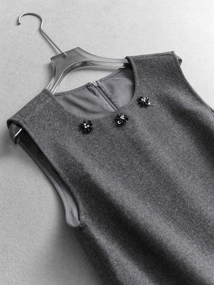 Sequined beaded round neck pleated sleeveless faux two-piece vest dress, slimming layered woolen dress  11296