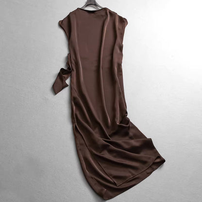 Minimalist style solid color satin flowy round neck raglan sleeve elegant commuter bodycon short sleeve dress 11299