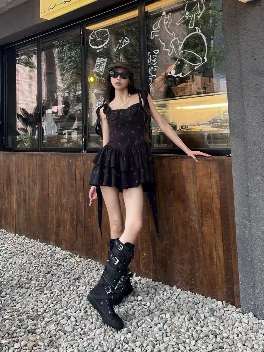New Fashion Floral Ribbon Design A-line Sleeveless Spaghetti Strap Dress HZ1024