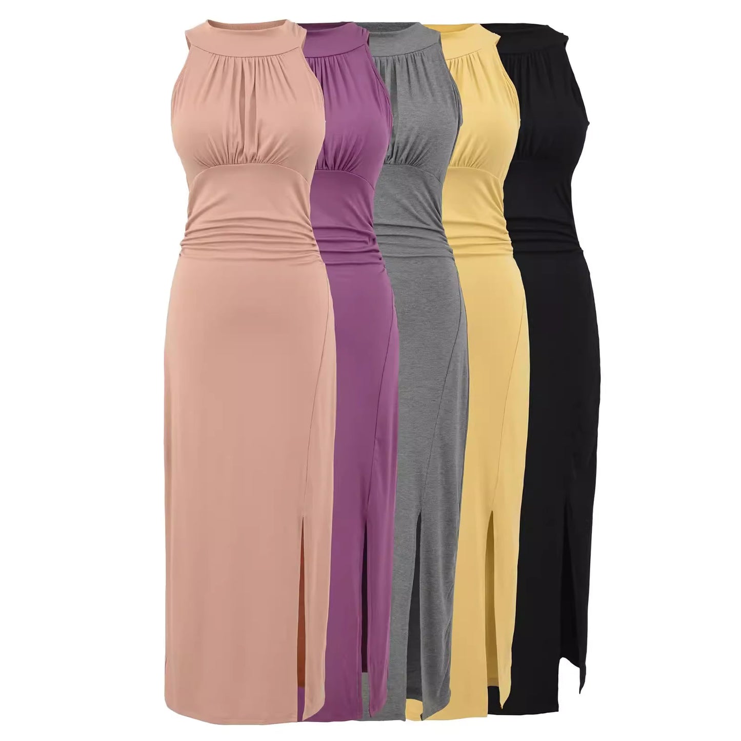 Pink halter neck dress with bra pads and ribbons, elegant long dress with slit, slim fit, sleeveless, bodycon dress.  11431