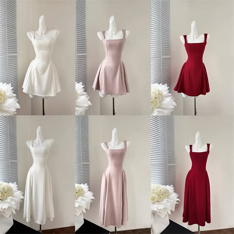 French-style slim-fitting A-line dress for spring and summer, pink, elegant and sophisticated.  11449
