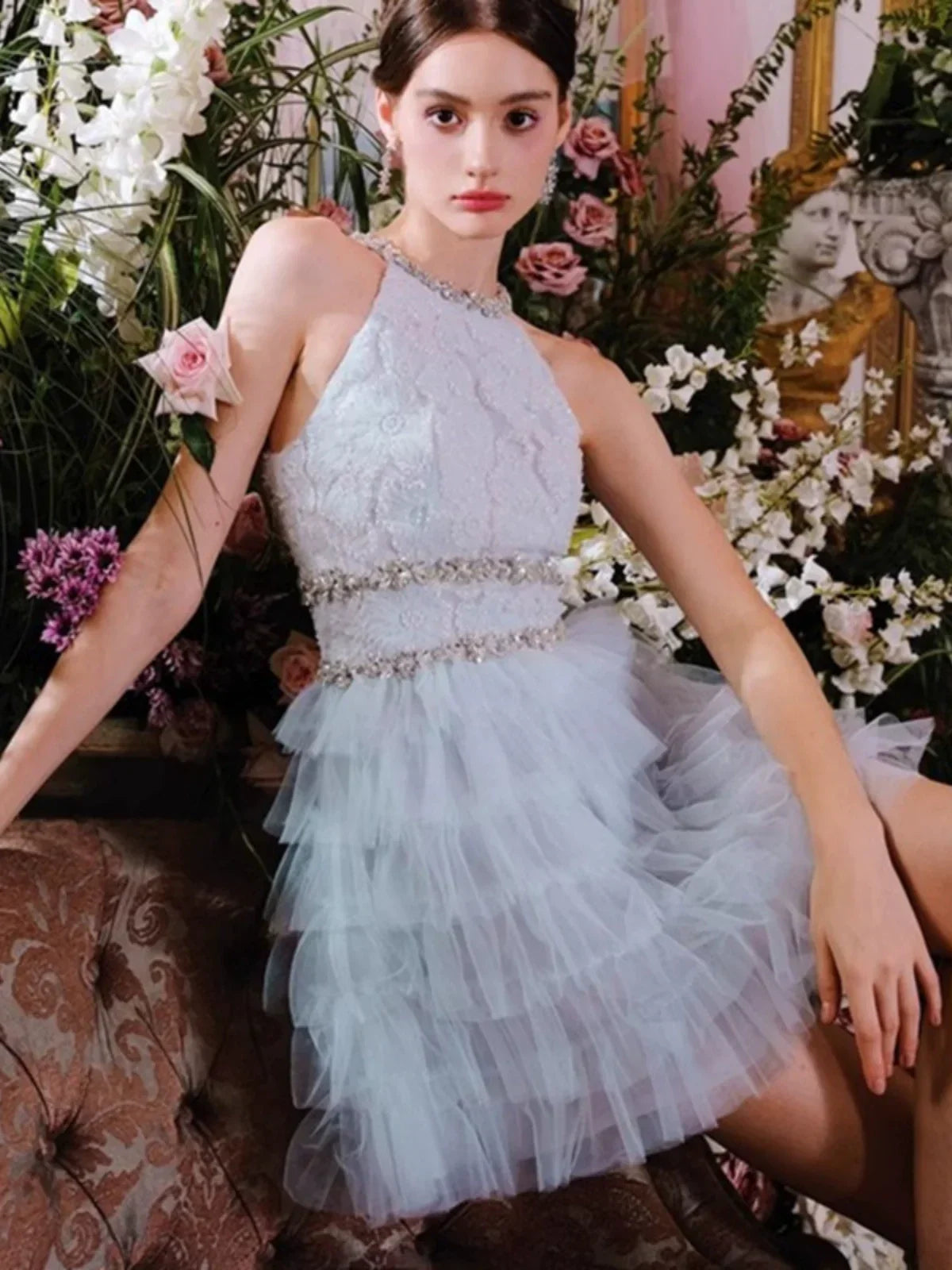 New Fashion Light Blue Beading A-line Tulle Short Tiered Party Dress Homecoming Dresses HZ1024