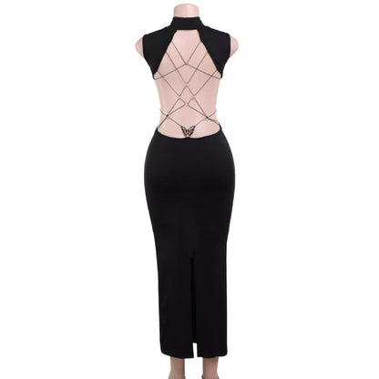 European and American style metallic butterfly hollow-out backless dress, sexy style, slimming slit long skirt  11488