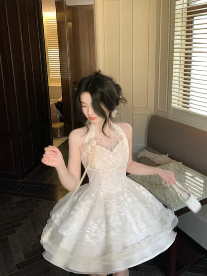 Vintage Ivory Lace A-Line Homecoming Dress Sequin Party Dress Short Halter-neck Cocktail Dress HZ1024