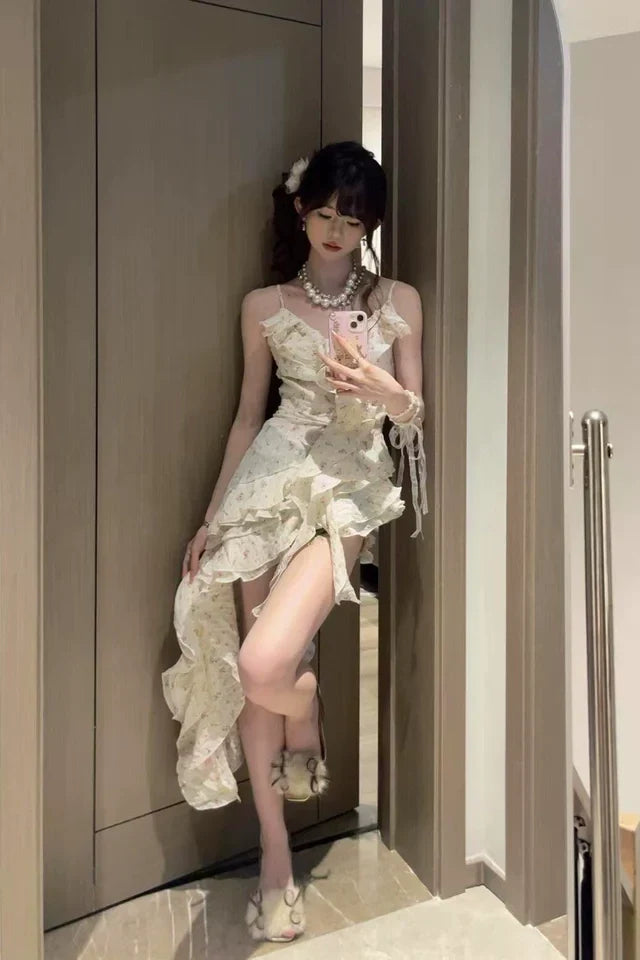 Fashion Irregular Ruffled Floral Design A-line Sleeveless Spaghetti Strap Dress HZ1024