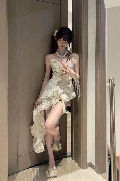 Fashion Irregular Ruffled Floral Design A-line Sleeveless Spaghetti Strap Dress HZ1024