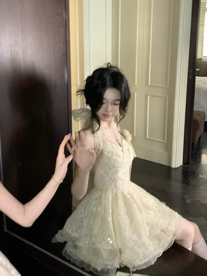 Vintage Ivory Lace A-Line Homecoming Dress Sequin Party Dress Short Halter-neck Cocktail Dress HZ1024
