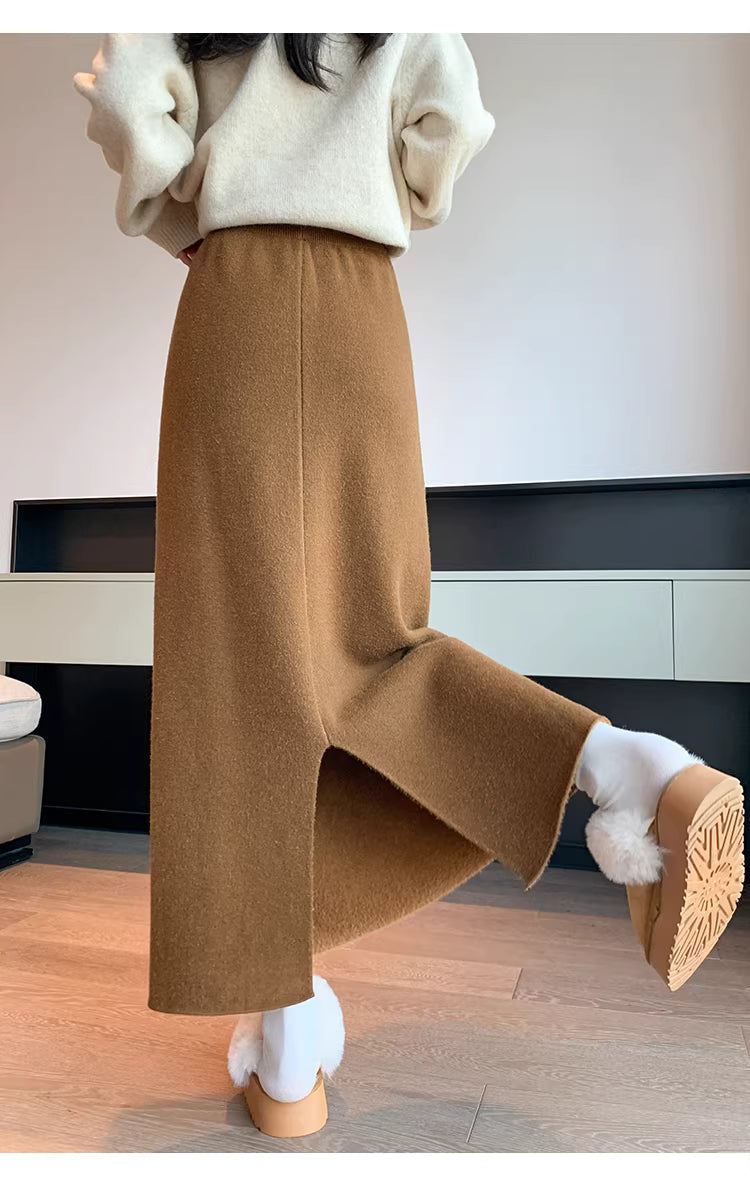 White fleece-lined, thickened faux cashmere knit midi skirt for women, winter bodycon straight A-line long skirt  11293