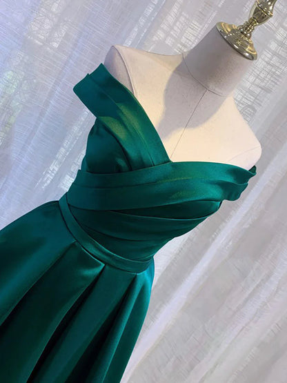 Simple green satin off shoulder long prom dressgreen bridesmaid dress
