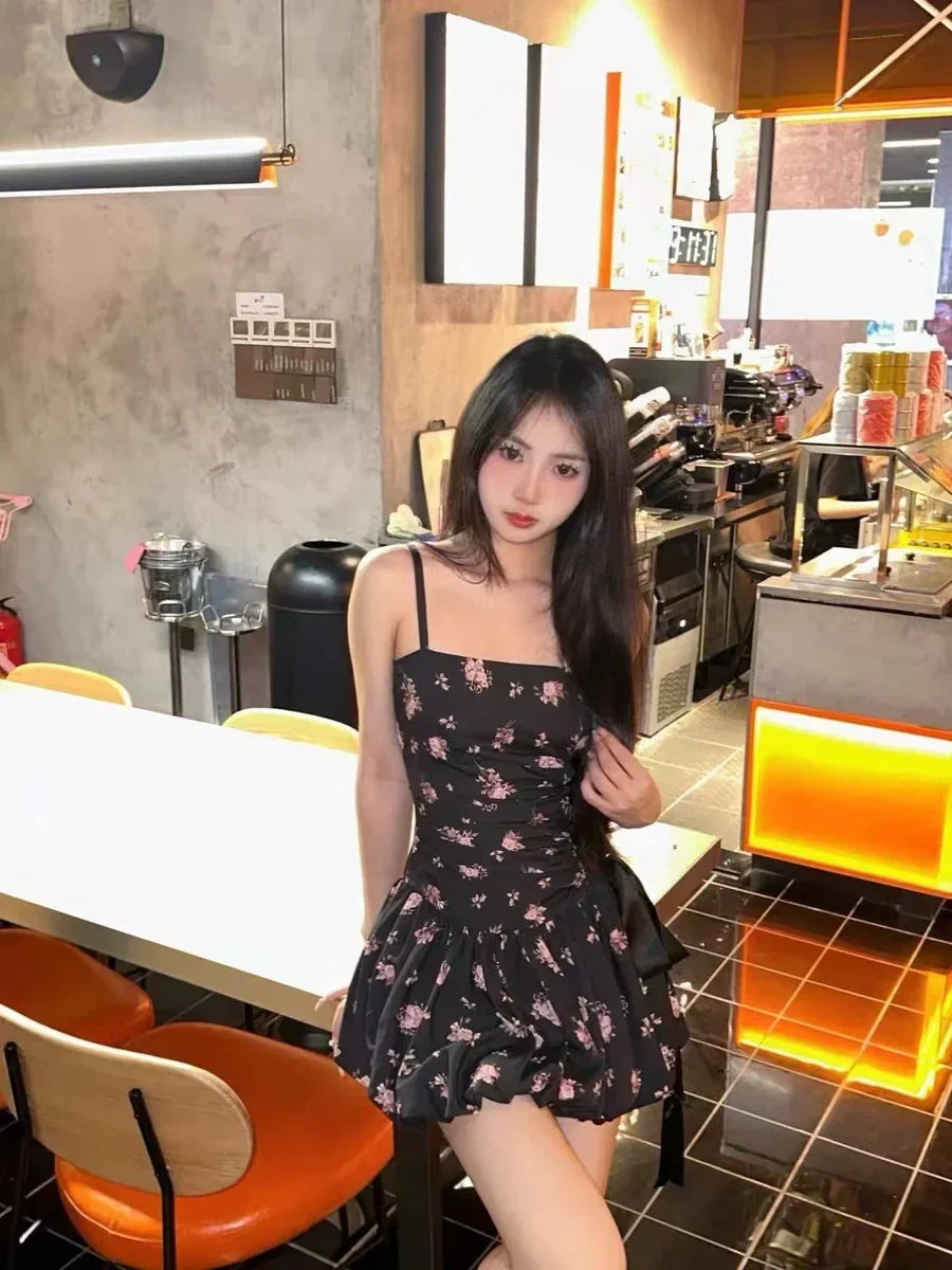 New Fashion Floral Satin Side Waist Lacing Design A-line Sleeveless Spaghetti Strap Dress HZ1024