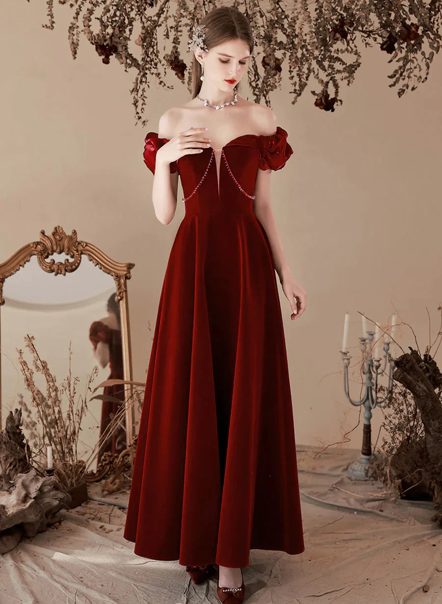 Wine Red Velvet Beaded Off Shoulder Sweetheart Prom Dress, Wine Red Bridesmaid Dress