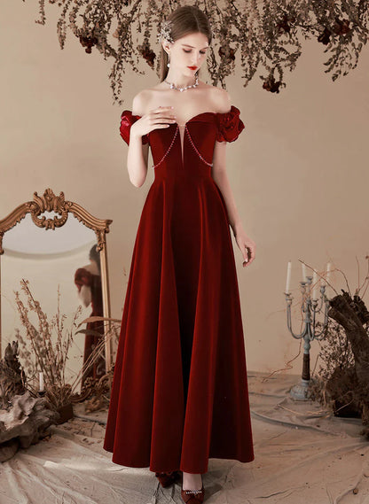 Wine Red Velvet Beaded Off Shoulder Sweetheart Prom Dress, Wine Red Bridesmaid Dress