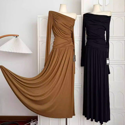 Women's Autumn New Style Pleated Dress with a Chic Design, a Minimalist Style, Long Dress, Asymmetrical One-Shoulder Dress  11452