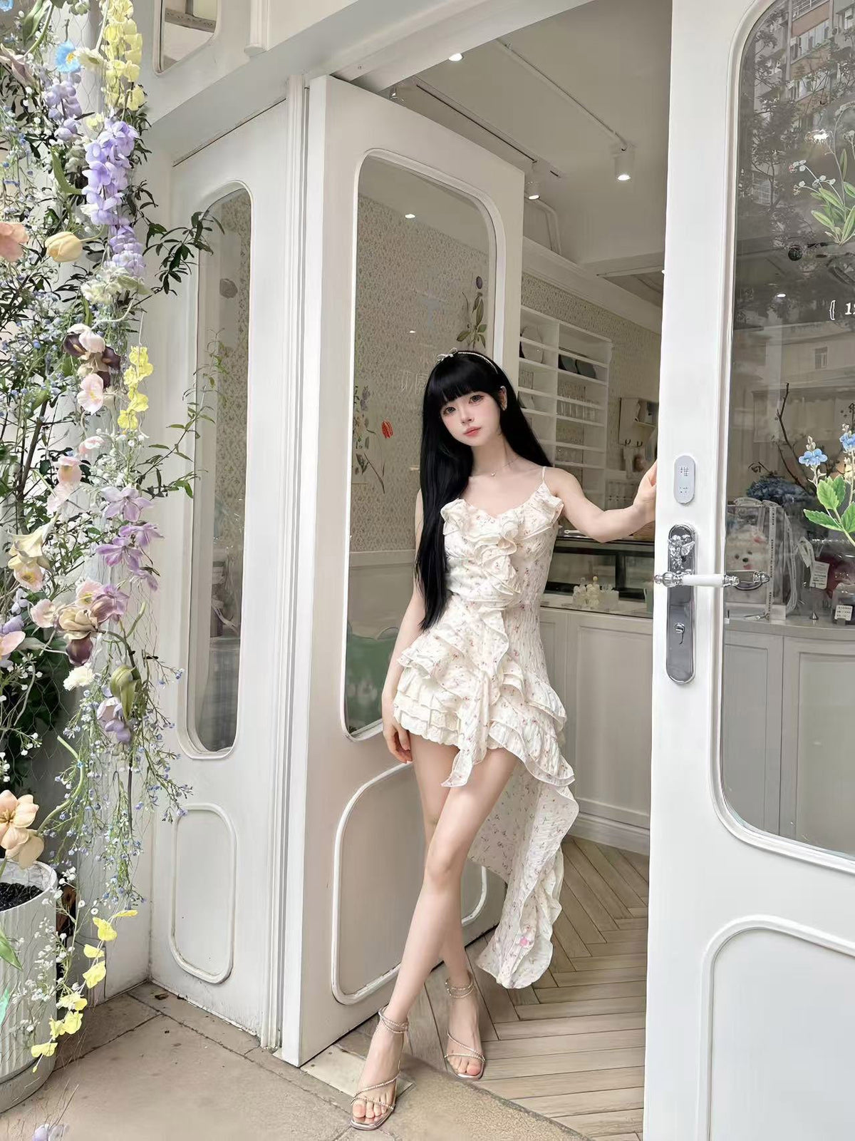 Fashion Irregular Ruffled Floral Design A-line Sleeveless Spaghetti Strap Dress HZ1024