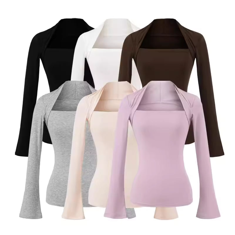 Tencel square neck vest, layered long-sleeved T-shirt, women's autumn European and American style slim fit base layer top.   11430
