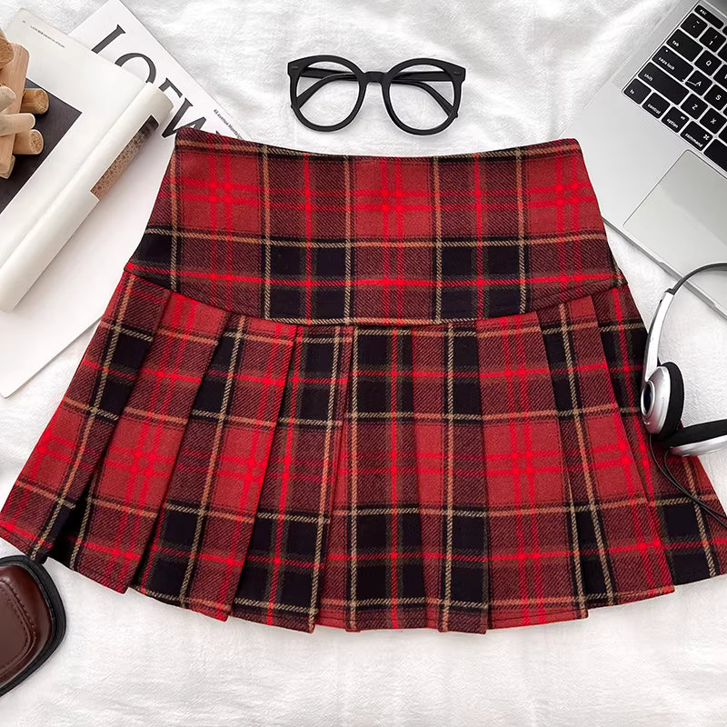 Retro-style plaid high-waisted slimming wool red midi skirt, anti-exposure short skirt, A-line skirt, pleated skirt for women. 11445