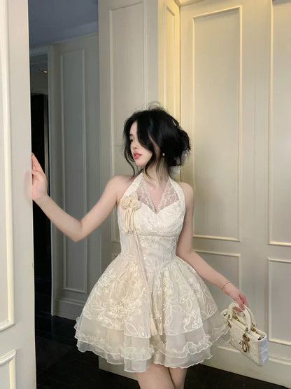 Vintage Ivory Lace A-Line Homecoming Dress Sequin Party Dress Short Halter-neck Cocktail Dress HZ1024