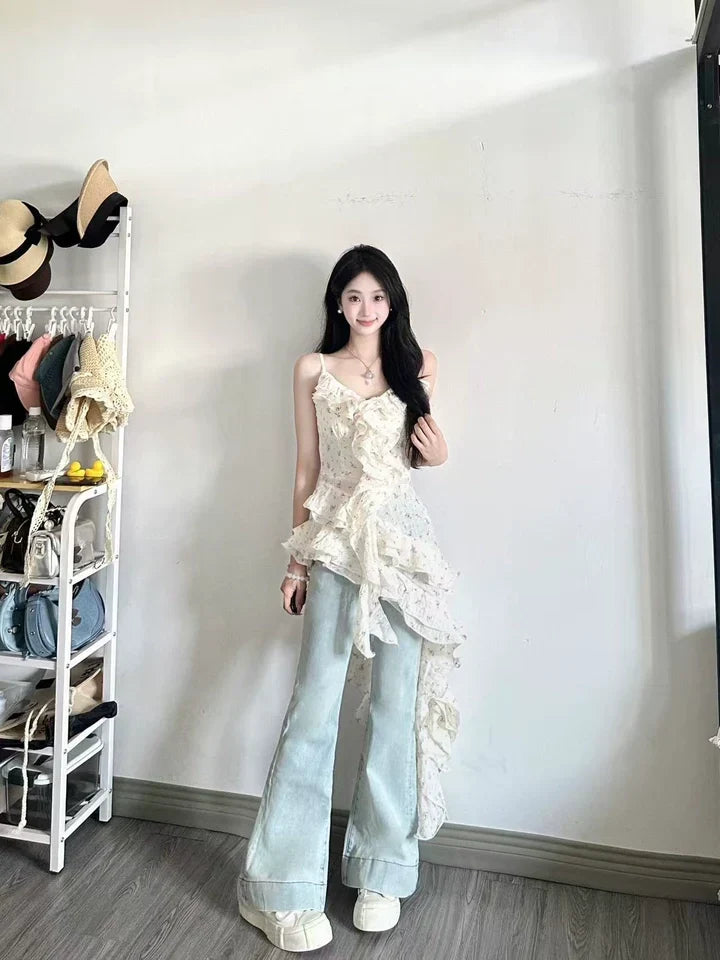Fashion Irregular Ruffled Floral Design A-line Sleeveless Spaghetti Strap Dress HZ1024