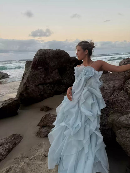 Chic Sky Blue Ruffled Tiered Evening Gown Sheath Chiffon Party Dress Long Formal Dress HZ1024