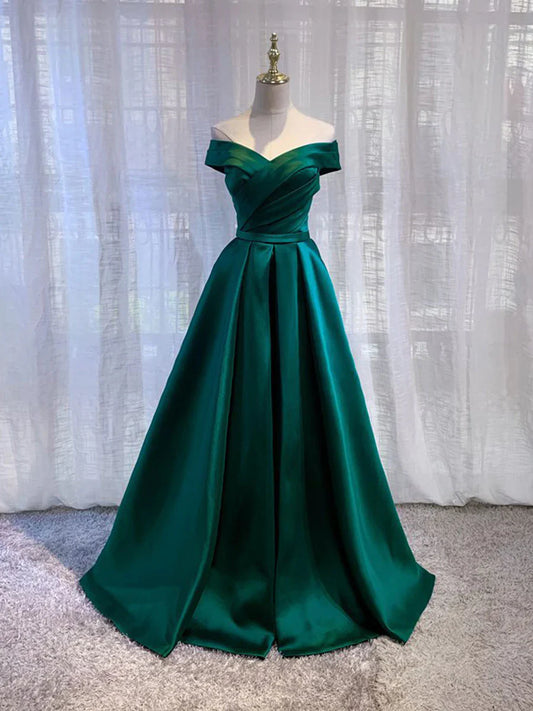 Simple green satin off shoulder long prom dressgreen bridesmaid dress