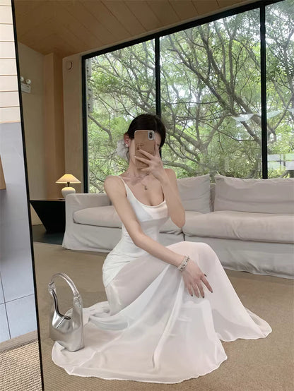 French-style white mesh slip dress, new spring style, elegant and sophisticated, petite and fitted long dress.  11454