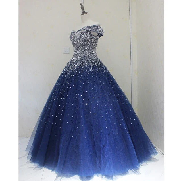 Blue Sparkle Off Shoulder Ball Party Dress Handmade Beaded Party Dress Elegant Prom Dress Evening Dress
