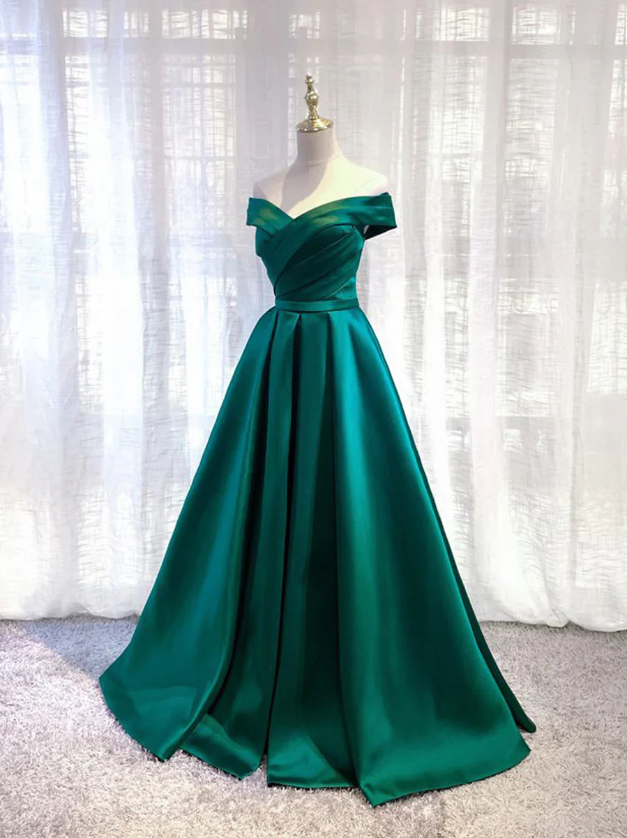 Simple green satin off shoulder long prom dressgreen bridesmaid dress