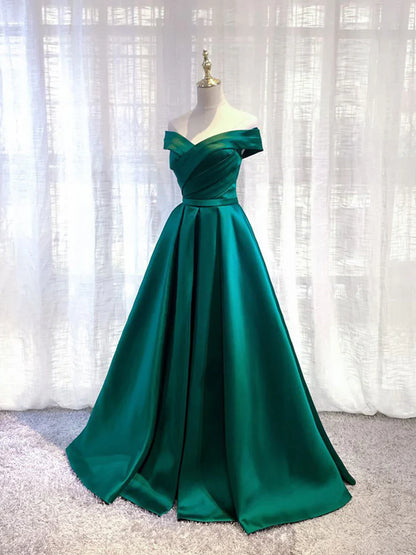 Simple green satin off shoulder long prom dressgreen bridesmaid dress