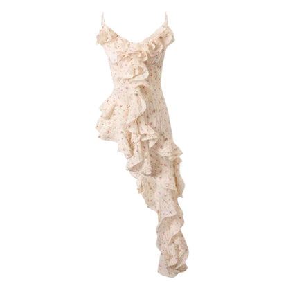 Fashion Irregular Ruffled Floral Design A-line Sleeveless Spaghetti Strap Dress HZ1024