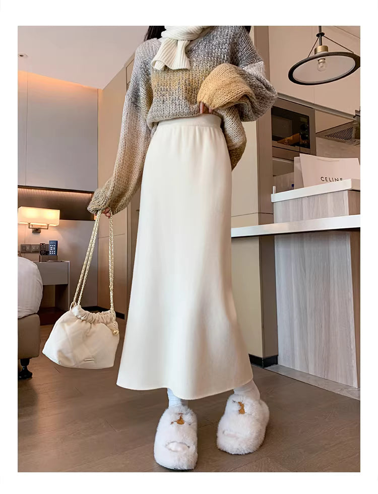 White fleece-lined, thickened faux cashmere knit midi skirt for women, winter bodycon straight A-line long skirt  11293